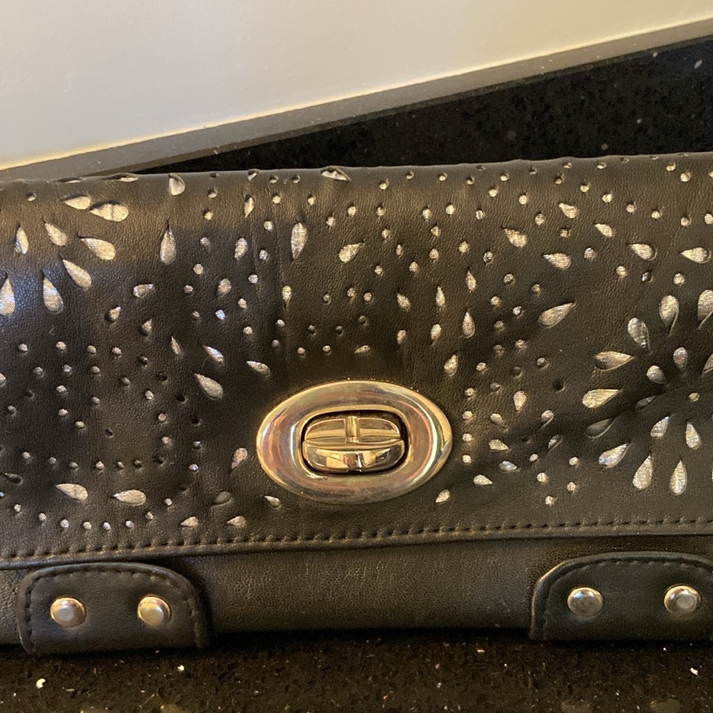 Black Pierced Leather Wallet Clutch with Silver Underlay & Hardware - Picture 4 of 12
